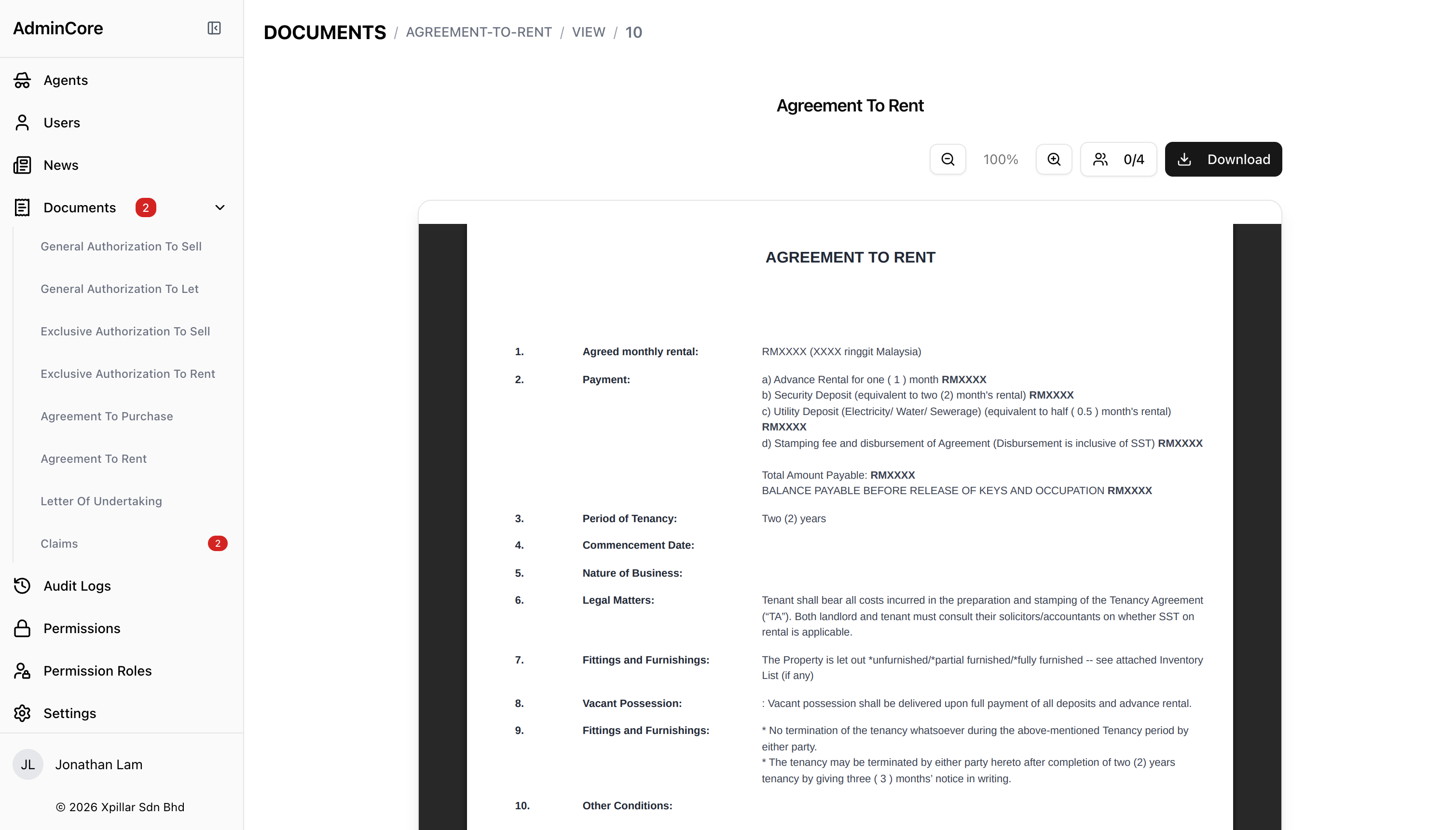 Xpillar Admin Portal: preview state of document